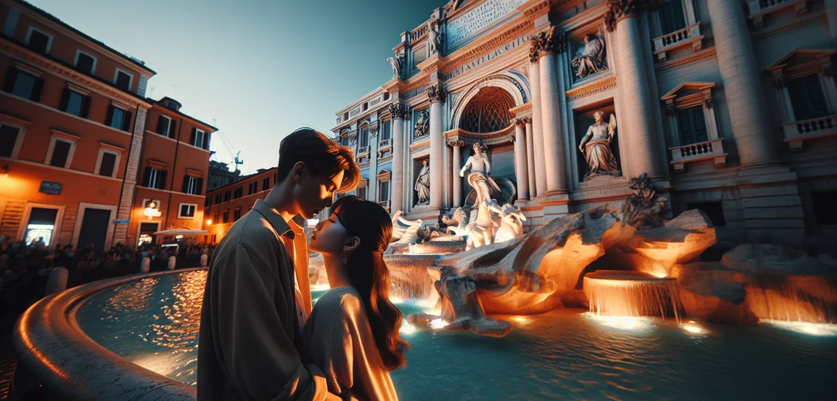 Romantic couple at Trevi Fountain in Rome, beautiful baroque architecture, evening blue hour lightin