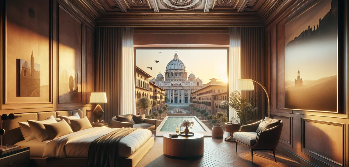 Luxury hotel room with view of Roman cityscape and dome, elegant Italian interior design, warm sunse