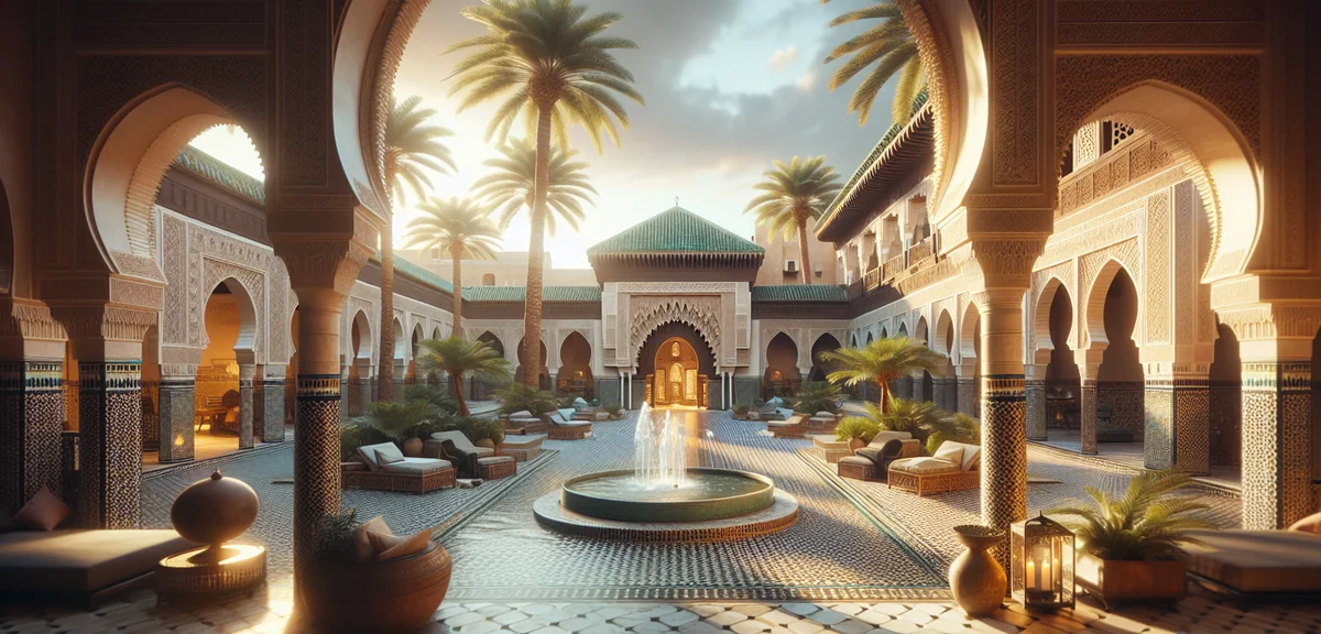 Luxurious Moroccan riad courtyard with traditional tiles and fountain, palm trees, warm afternoon li