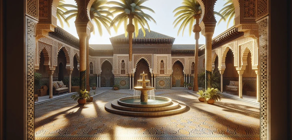 Luxurious Moroccan riad courtyard with traditional tiles and fountain, palm trees, warm afternoon li