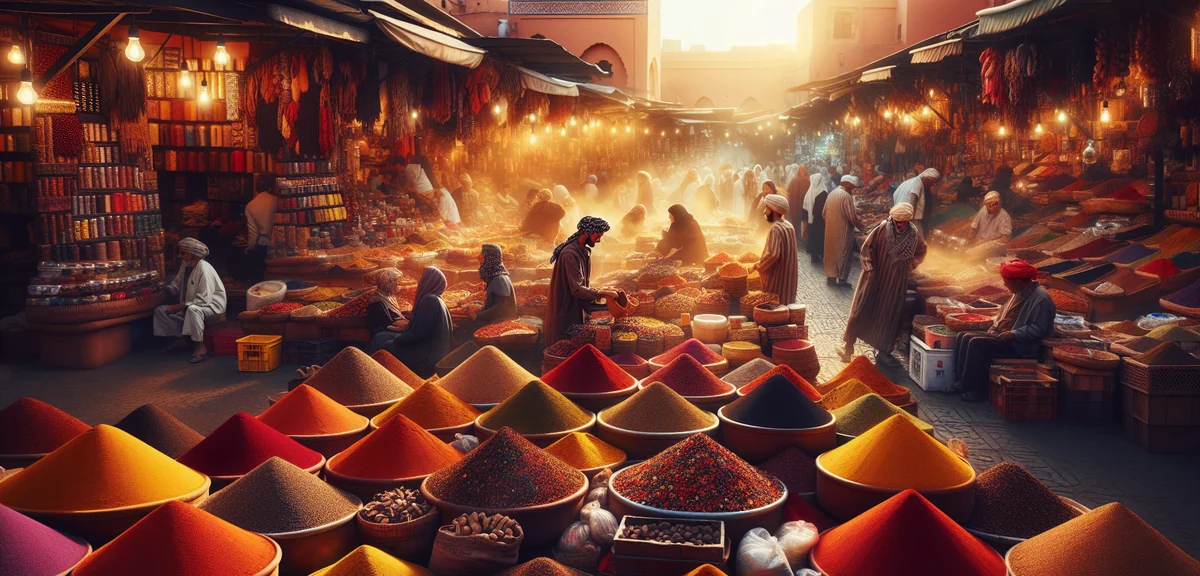 Colorful spice market in Marrakech medina souk, vibrant piles of spices, local vendors, authentic Mo