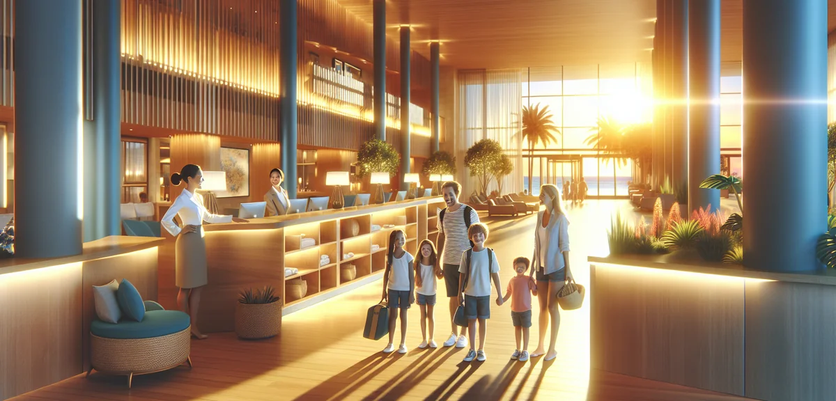 Family checking into luxury resort hotel lobby with excited children, friendly staff, bright modern