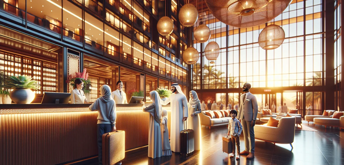 Family checking into luxury resort hotel lobby with excited children, friendly staff, bright modern