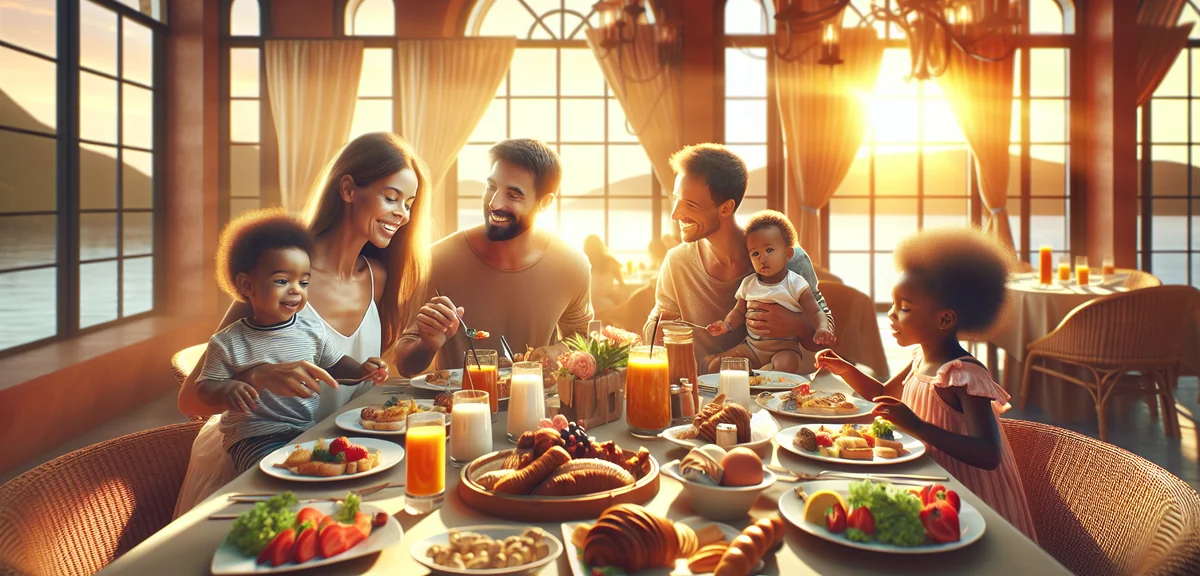 Parents and children enjoying breakfast buffet at resort restaurant, delicious food spread, warm mor