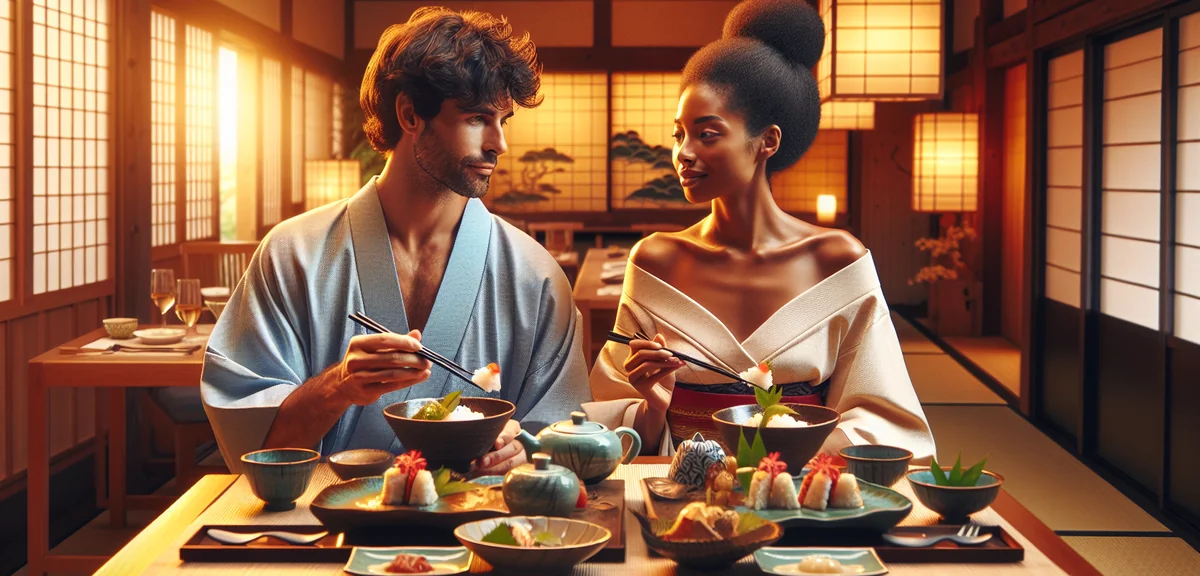 Couple in traditional yukata robes enjoying kaiseki dinner at Japanese ryokan, beautiful ceramic dis