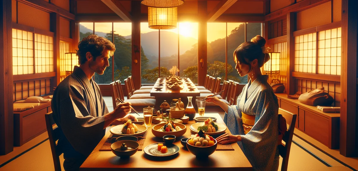 Couple in traditional yukata robes enjoying kaiseki dinner at Japanese ryokan, beautiful ceramic dis