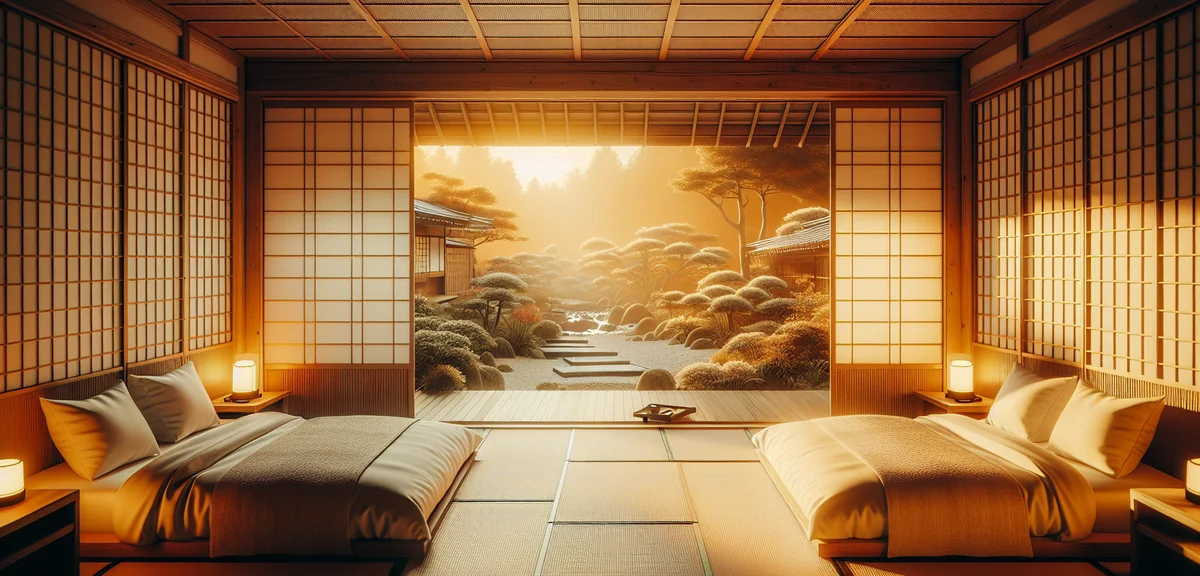 Traditional Japanese ryokan room with tatami mats and futon bedding, view of Japanese garden through