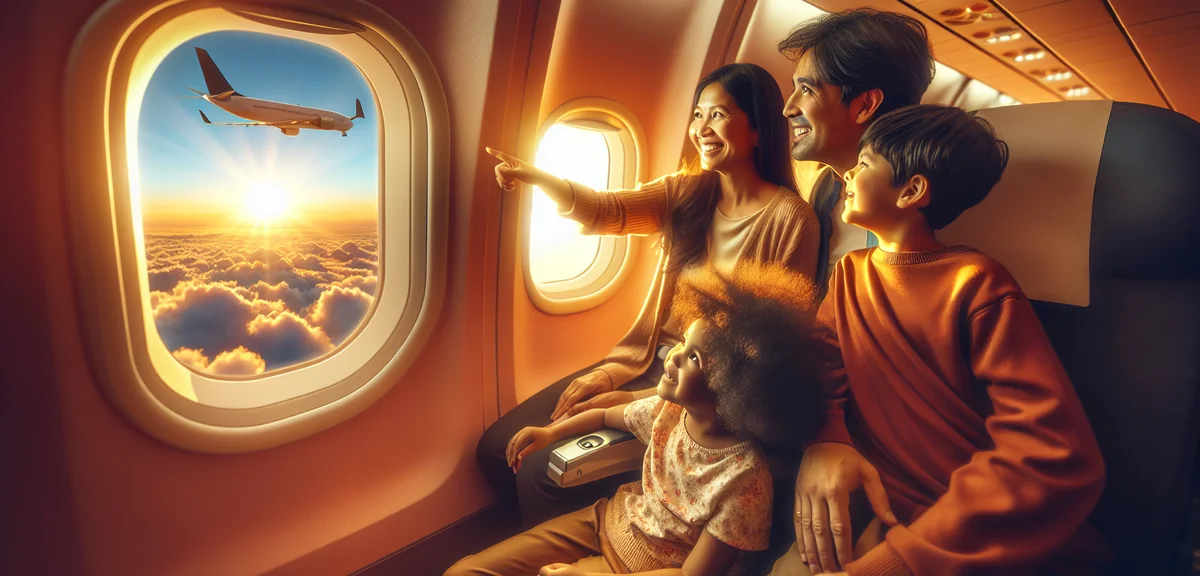 Family enjoying view from airplane window during flight, blue sky and clouds below, excited children