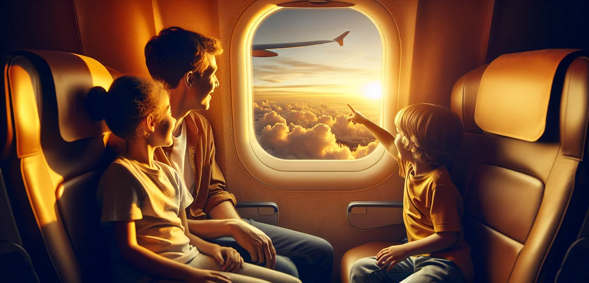 Family enjoying view from airplane window during flight, blue sky and clouds below, excited children
