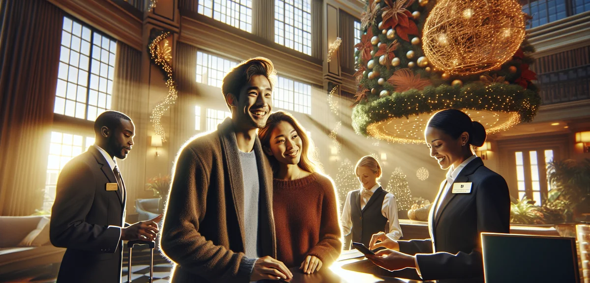Couple checking into luxury hotel lobby during winter holiday season, elegant Christmas decorations,