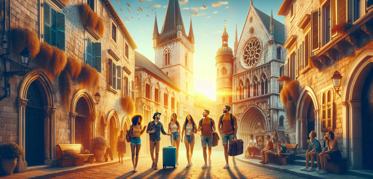 Travelers walking through beautiful European old town street with historic architecture, sunny day, 