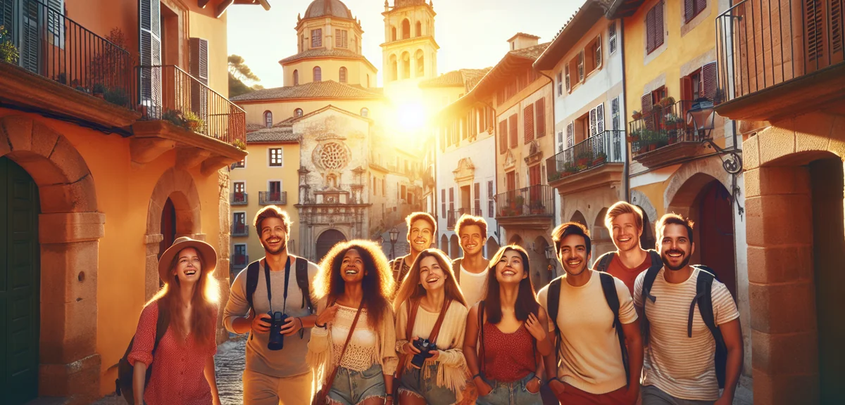 Travelers walking through beautiful European old town street with historic architecture, sunny day, 