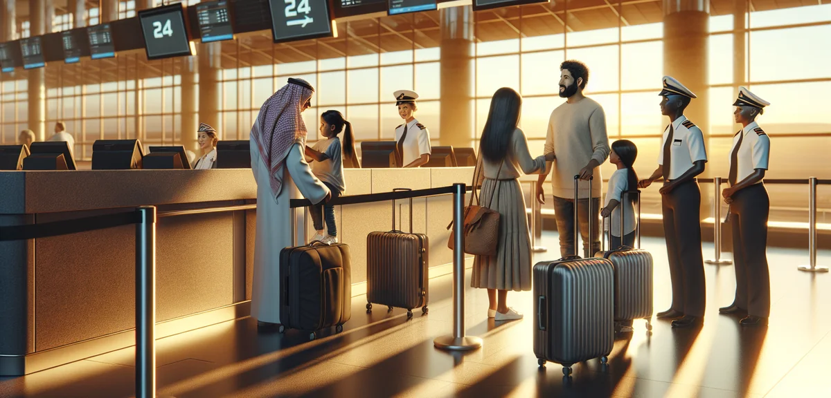 Family checking in at airport counter with luggage, modern airport terminal, friendly staff, profess