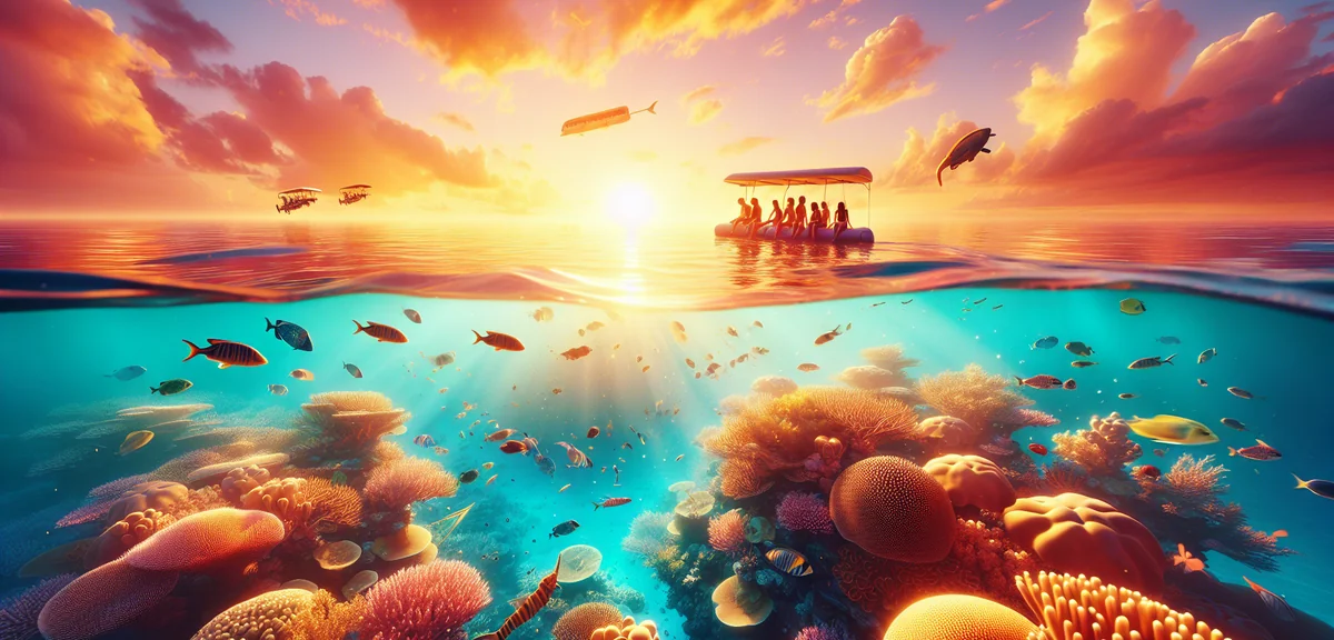 Tourists snorkeling at Great Barrier Reef with colorful coral and tropical fish, crystal clear turqu
