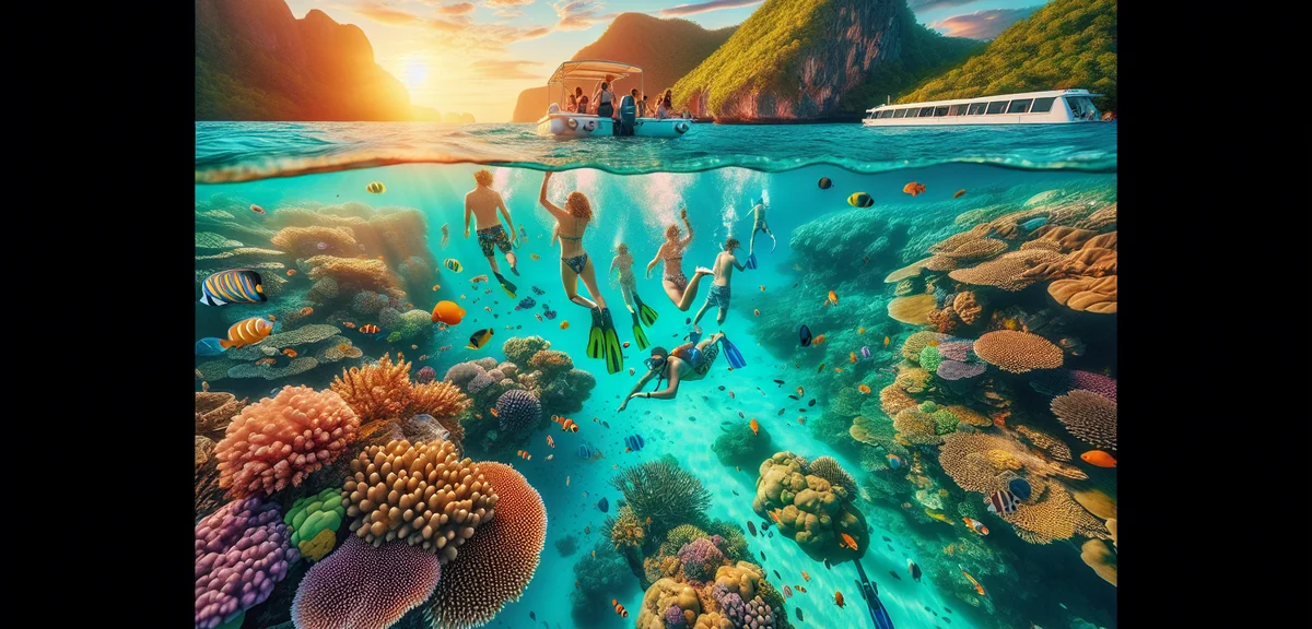 Tourists snorkeling at Great Barrier Reef with colorful coral and tropical fish, crystal clear turqu