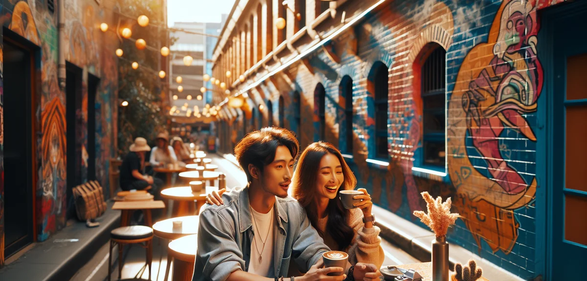 Couple enjoying coffee at Melbourne laneway cafe, street art murals in background, vibrant urban atm