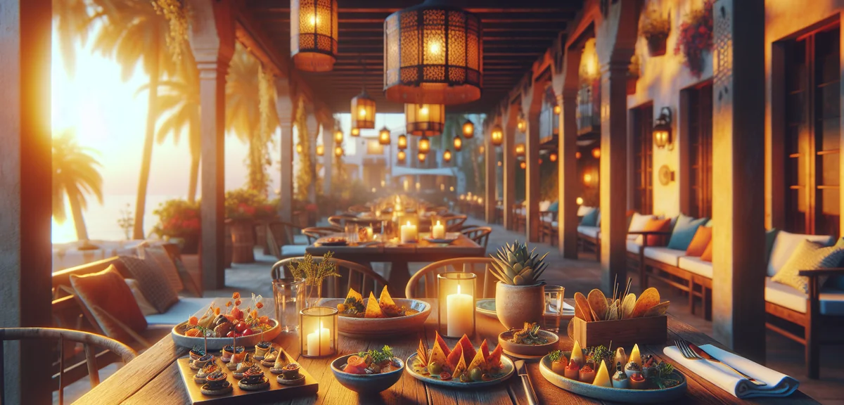 Colorful tapas dishes on wooden table at Spanish restaurant, traditional Spanish cuisine, warm ambie