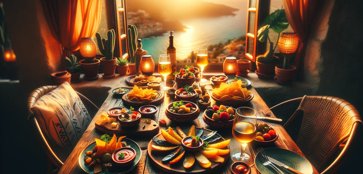 Colorful tapas dishes on wooden table at Spanish restaurant, traditional Spanish cuisine, warm ambie