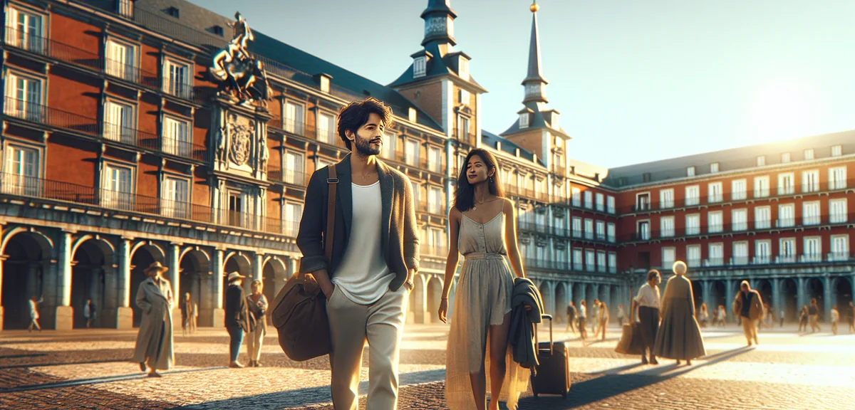 Couple walking through Plaza Mayor in Madrid, historic architecture, sunny day, tourists enjoying th