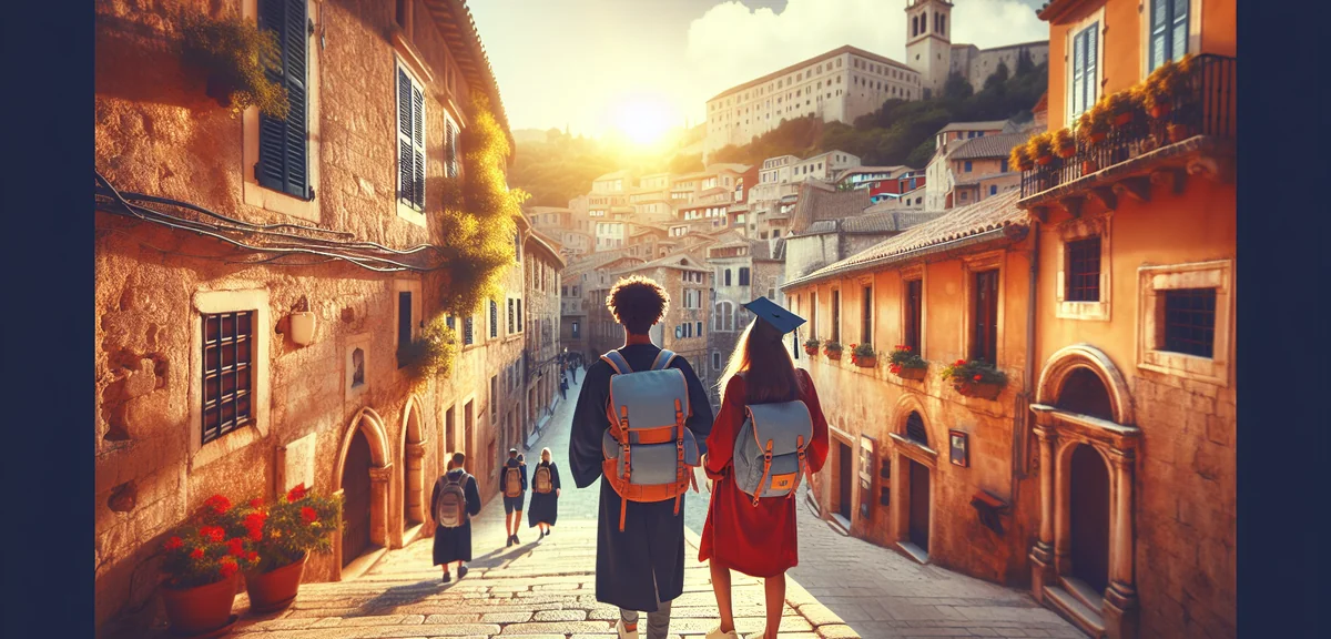Young travelers with backpacks exploring European old town street, excited students on graduation tr