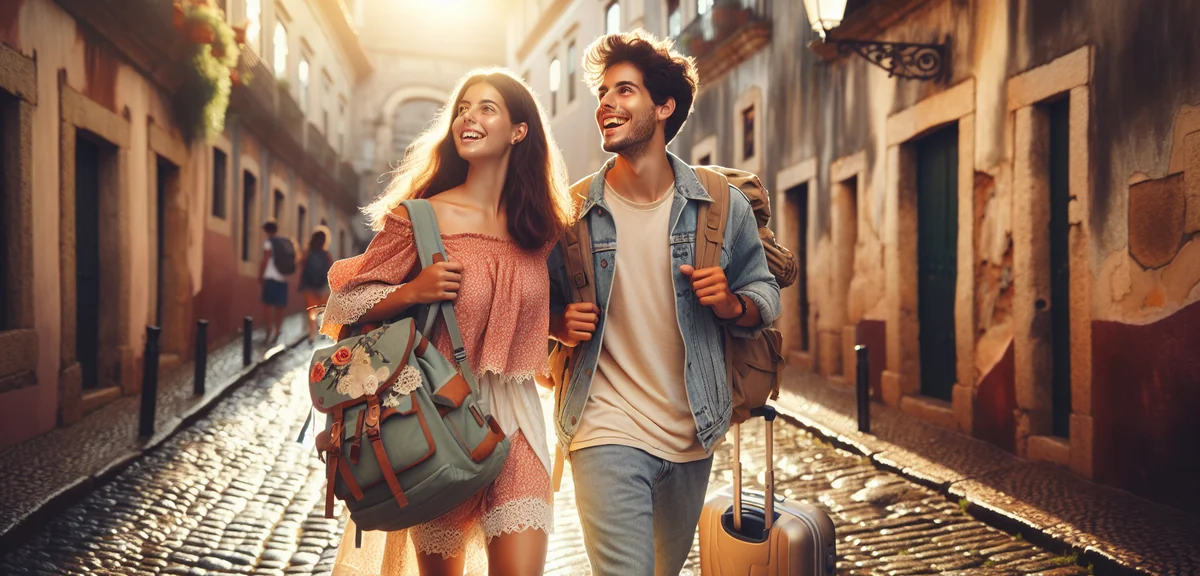 Young travelers with backpacks exploring European old town street, excited students on graduation tr