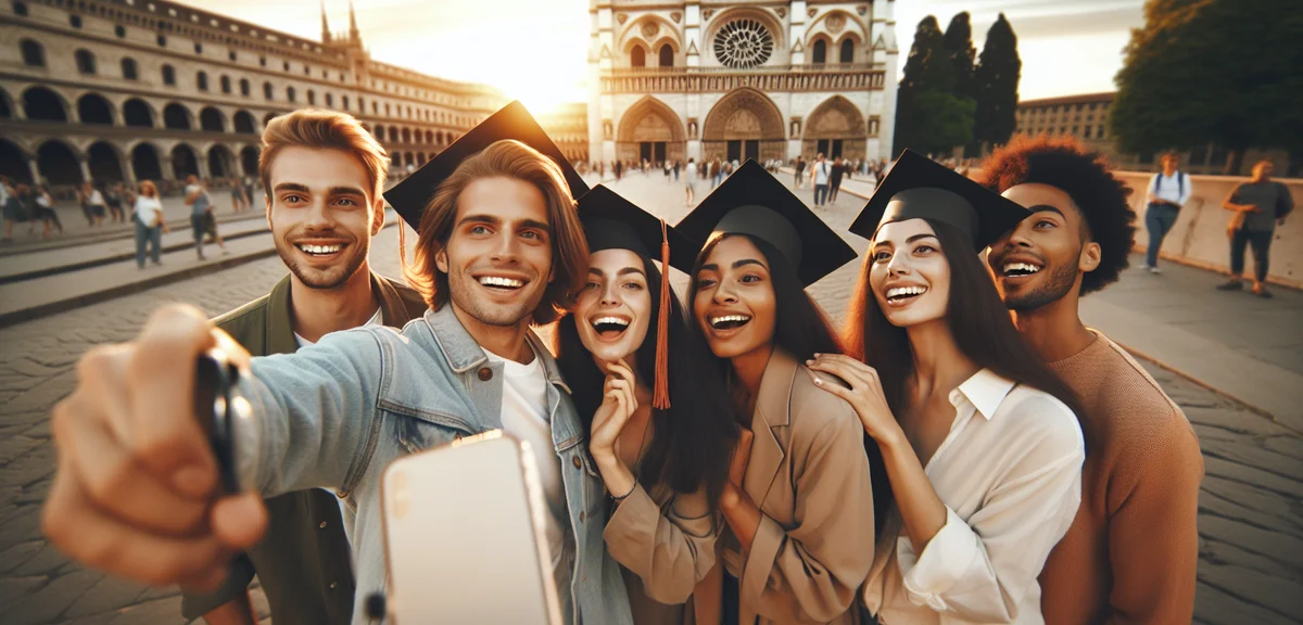 Friends taking selfie at famous landmark, diverse group of students on graduation trip, happy expres