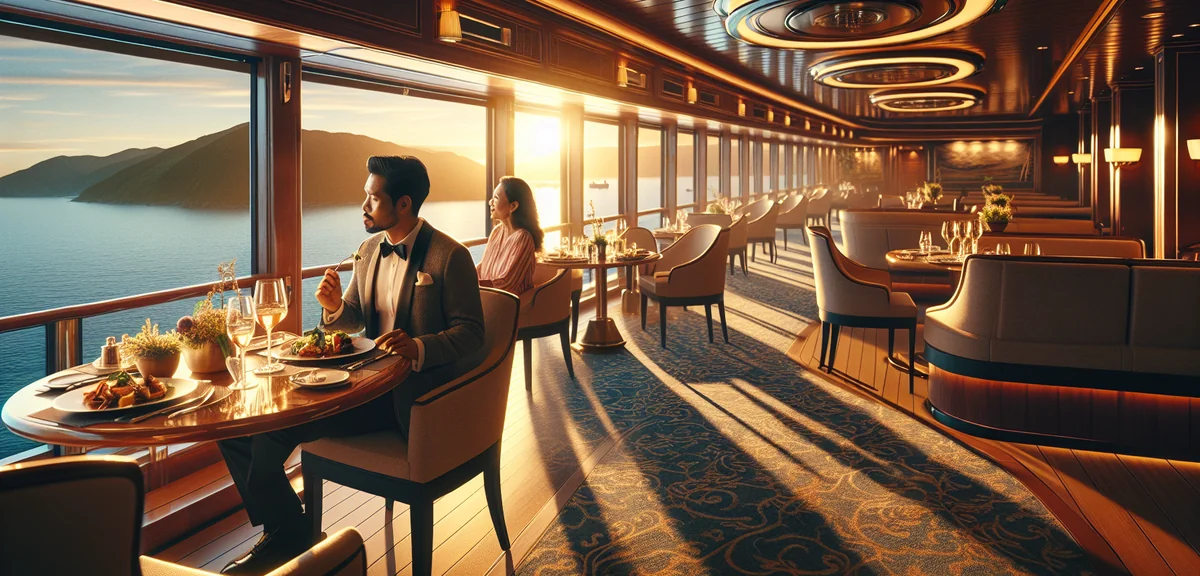 Elegant cruise ship dining room with panoramic ocean view, couple enjoying gourmet dinner, warm ambi