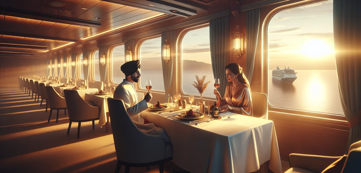 Elegant cruise ship dining room with panoramic ocean view, couple enjoying gourmet dinner, warm ambi