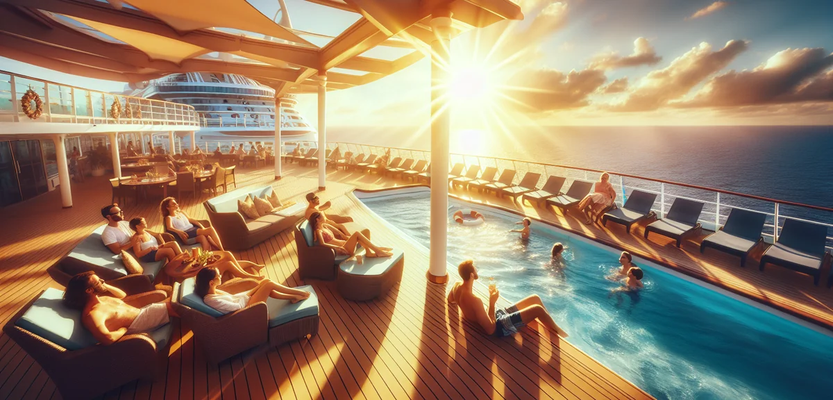 Family relaxing on cruise ship deck with pool and ocean view, sunny day, happy vacation atmosphere,