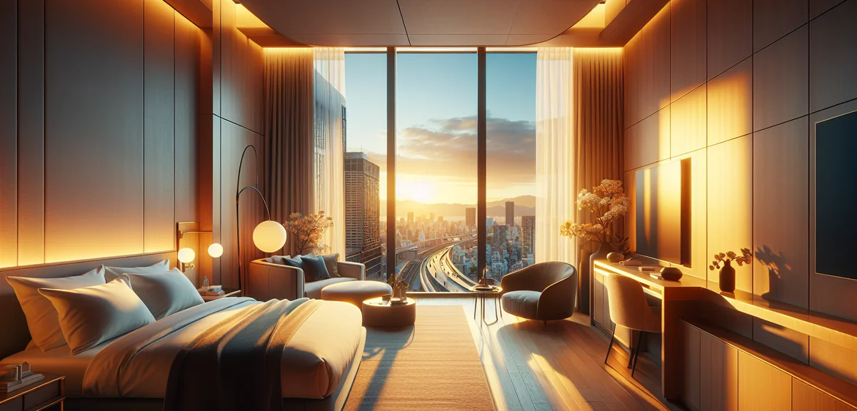 Modern comfortable hotel room with city view of Osaka skyline at night, warm lighting, clean and wel