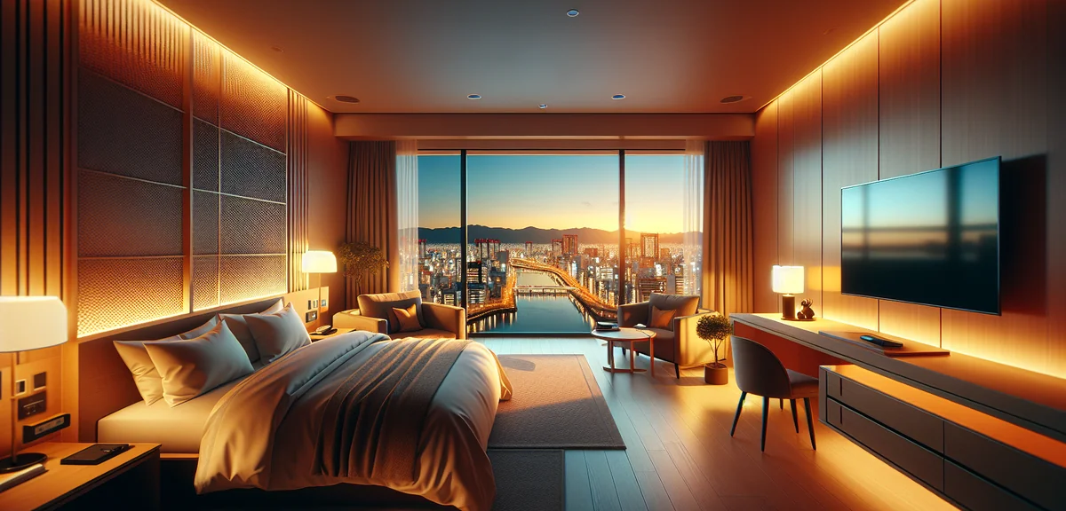 Modern comfortable hotel room with city view of Osaka skyline at night, warm lighting, clean and wel