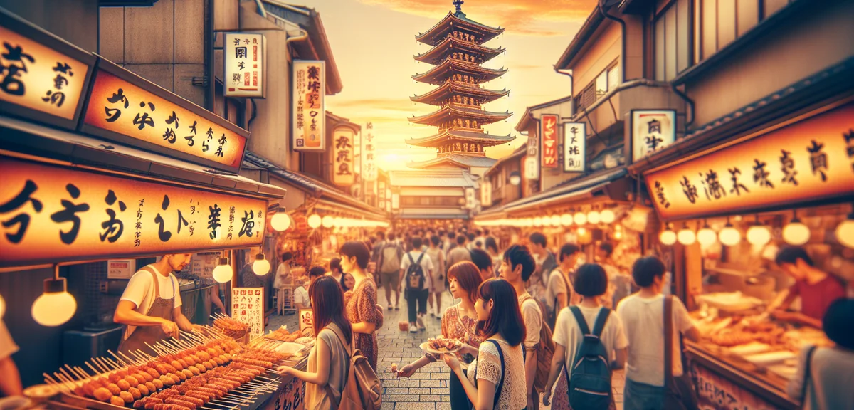 Travelers enjoying street food at Shinsekai district near Tsutenkaku Tower, authentic Japanese atmos