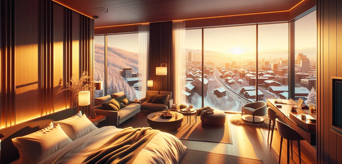 Modern comfortable hotel room with view of snowy Sapporo city, warm cozy interior, professional hote