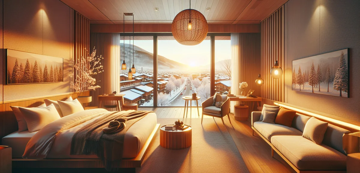 Modern comfortable hotel room with view of snowy Sapporo city, warm cozy interior, professional hote