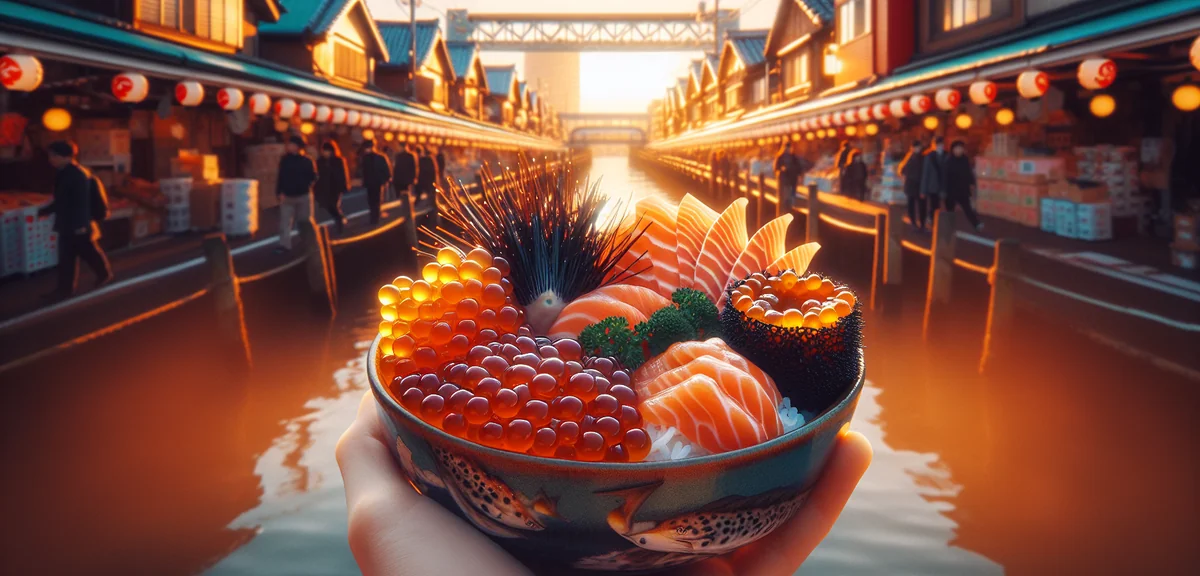 Fresh seafood bowl with salmon roe and sea urchin at Nijo Market Sapporo, delicious Japanese cuisine