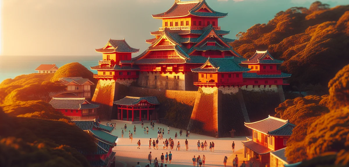 Traditional Okinawan Shuri Castle with red architecture, tourists exploring the historic site, beaut