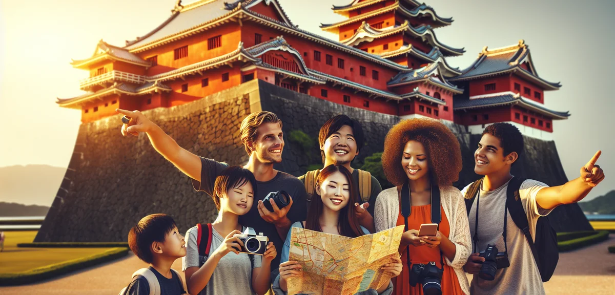 Traditional Okinawan Shuri Castle with red architecture, tourists exploring the historic site, beaut