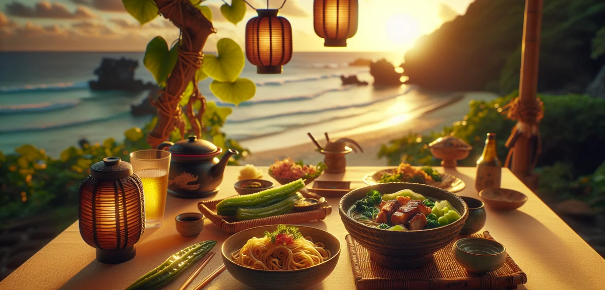 Delicious Okinawan cuisine including goya champuru and soki soba on traditional table, authentic loc