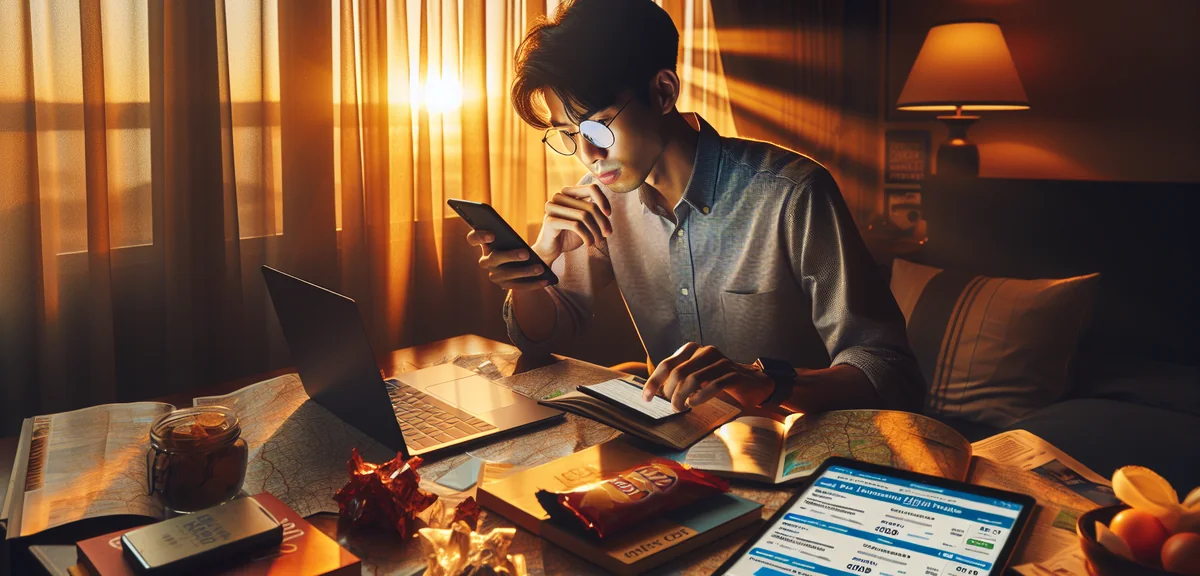 Person comparing hotel prices on laptop and smartphone, travel planning at home, multiple booking si