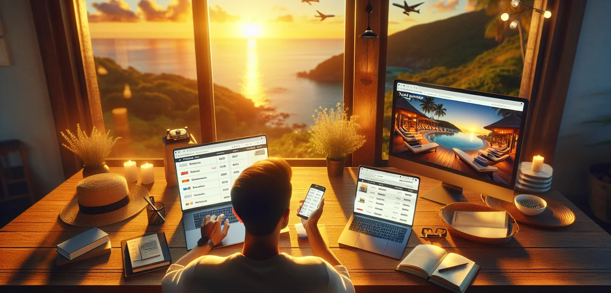 Person comparing hotel prices on laptop and smartphone, travel planning at home, multiple booking si