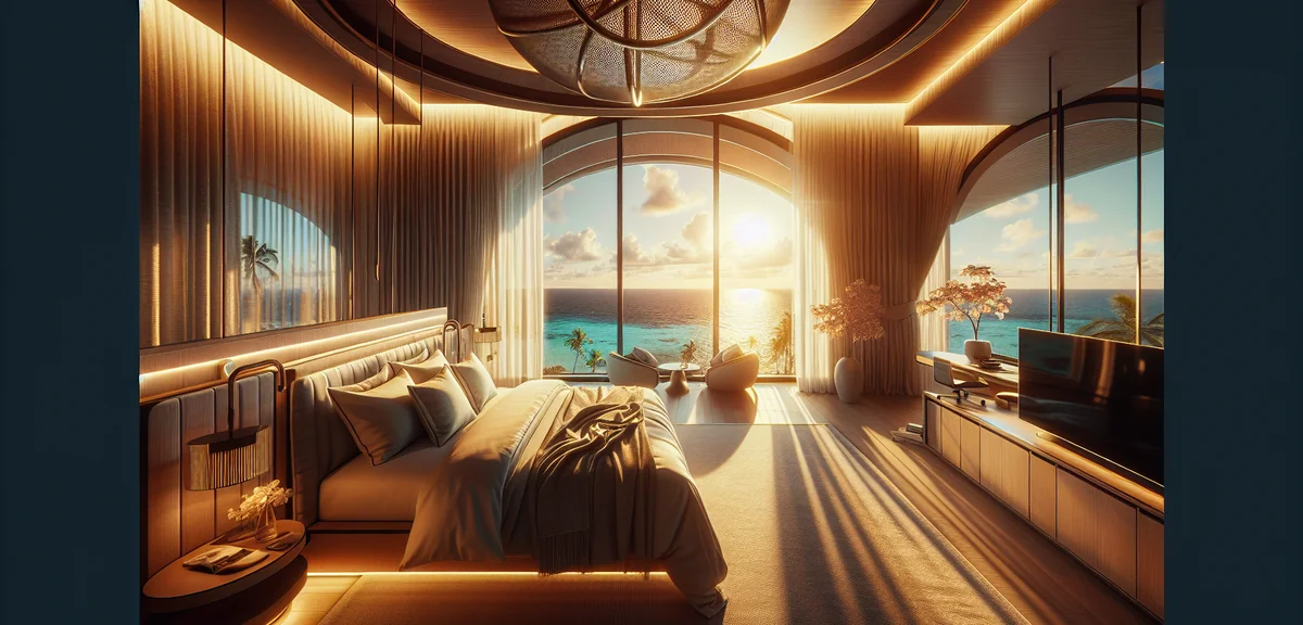 Luxurious hotel room with ocean view, king size bed, modern amenities, sunny day, professional inter