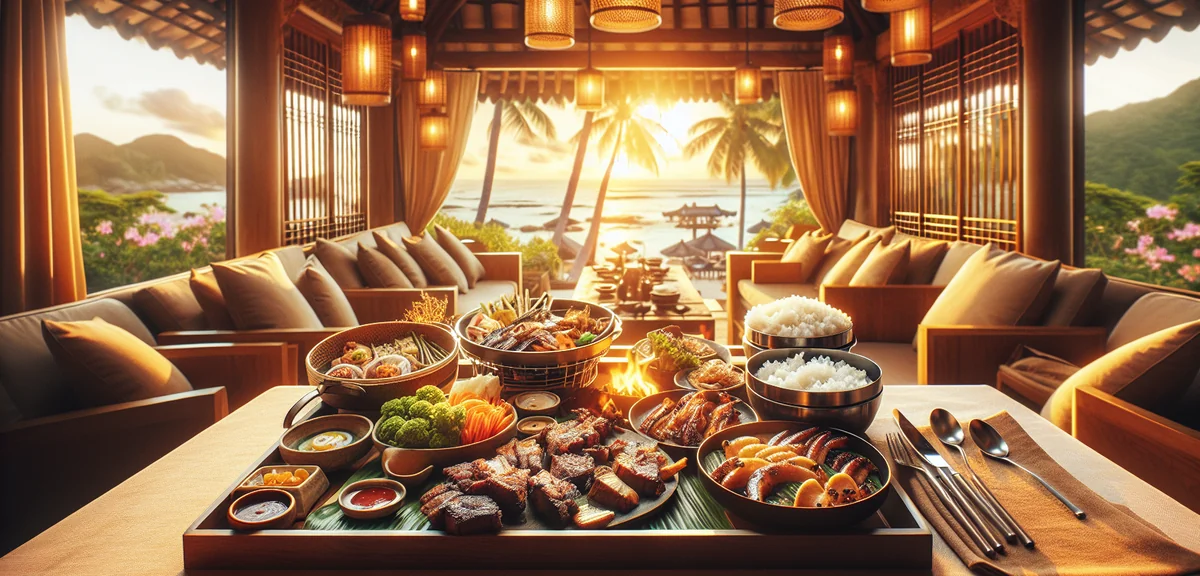 Delicious Korean BBQ with various grilled meats and side dishes on table, authentic Korean restauran