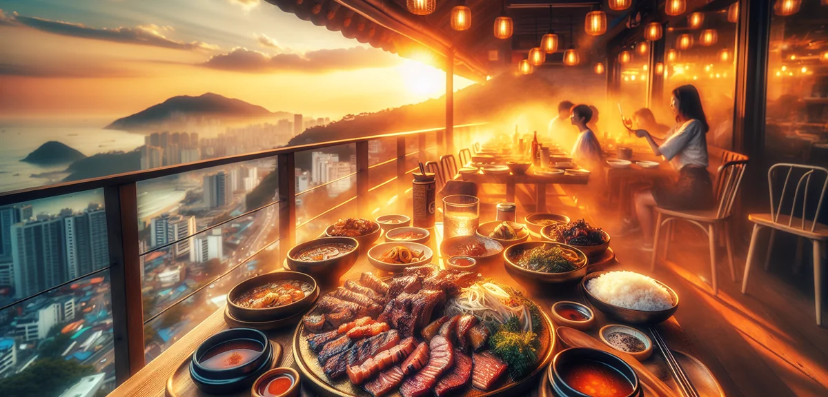 Delicious Korean BBQ with various grilled meats and side dishes on table, authentic Korean restauran