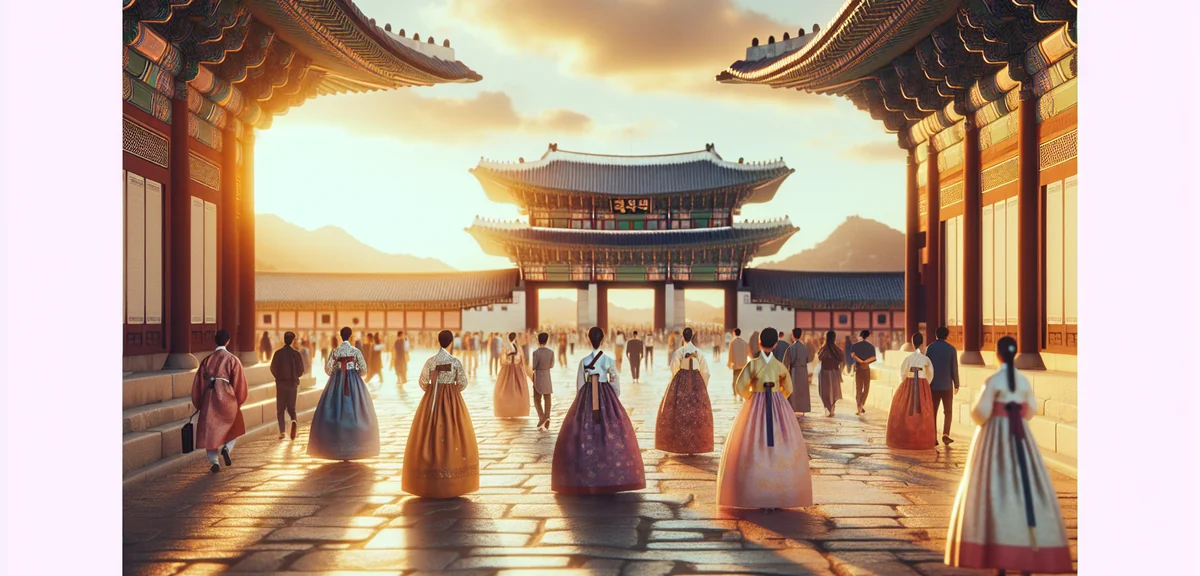 Gyeongbokgung Palace in Seoul with tourists in traditional hanbok, beautiful Korean architecture, su