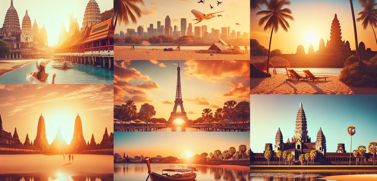 Collage of famous world landmarks including Eiffel Tower, Angkor Wat, and beaches, travel destinatio