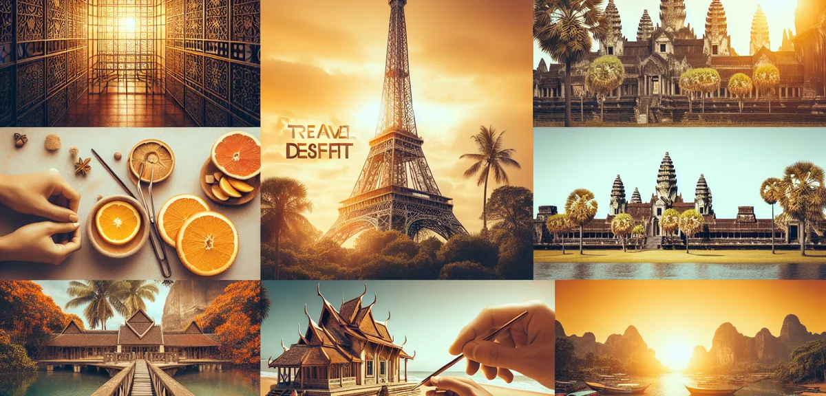 Collage of famous world landmarks including Eiffel Tower, Angkor Wat, and beaches, travel destinatio