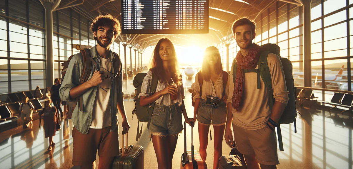 Happy travelers with backpacks at airport terminal, departure board in background, excited about tri