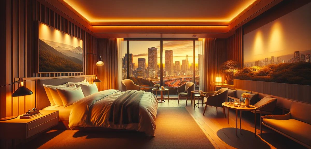 Modern comfortable business hotel room in Tokyo with city view at night, clean and welcoming interio