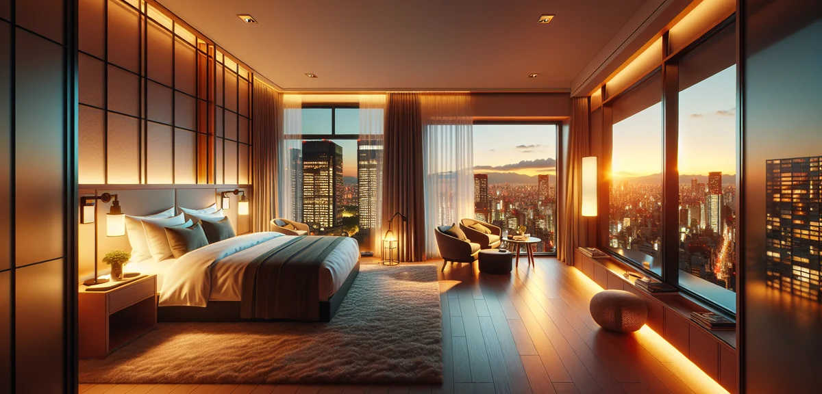 Modern comfortable business hotel room in Tokyo with city view at night, clean and welcoming interio
