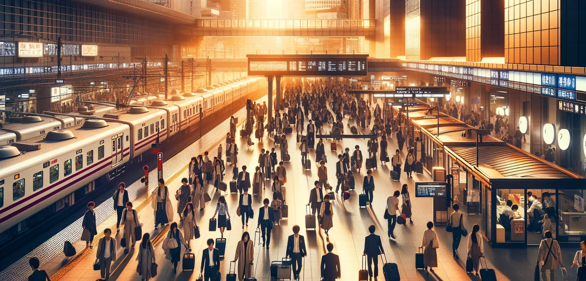 Travelers with luggage at busy Shinjuku Station, modern Japanese train station, professional travel